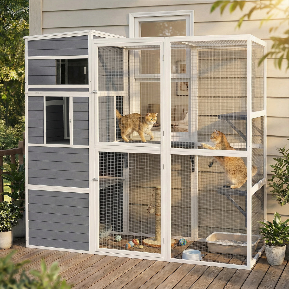 PawHut Katzengehege Outdoor Katzenhaus aus Holz mit 3 Plattformen wetterfest Dach Ruhebereich für 3-4 – Produktabbildung 2