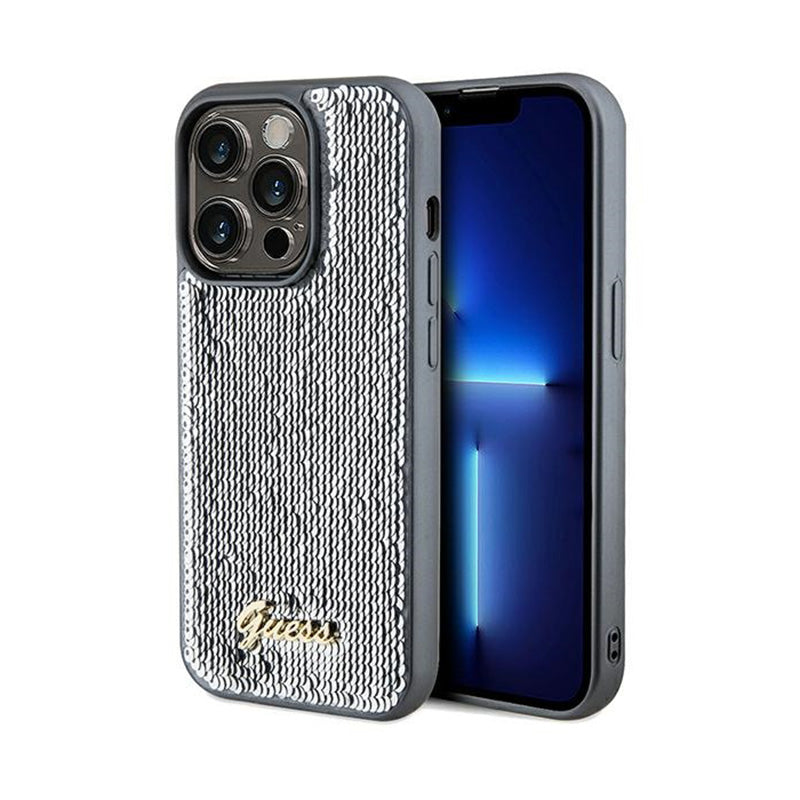 Guess Sequin Script Metal - Hülle für iPhone 14 Pro (silber)