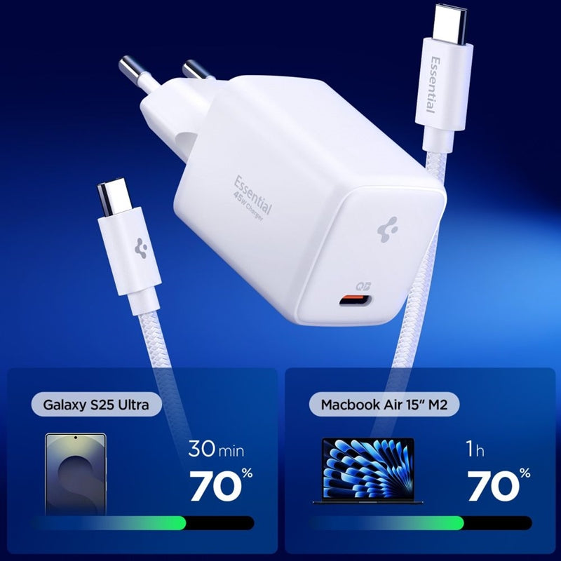 Spigen EE451EU Essential GaN Pro - USB-C PD PPS 45W Ladegerät für Steckdose + 1m USB-C Kabel (weiß) – Produktabbildung 2