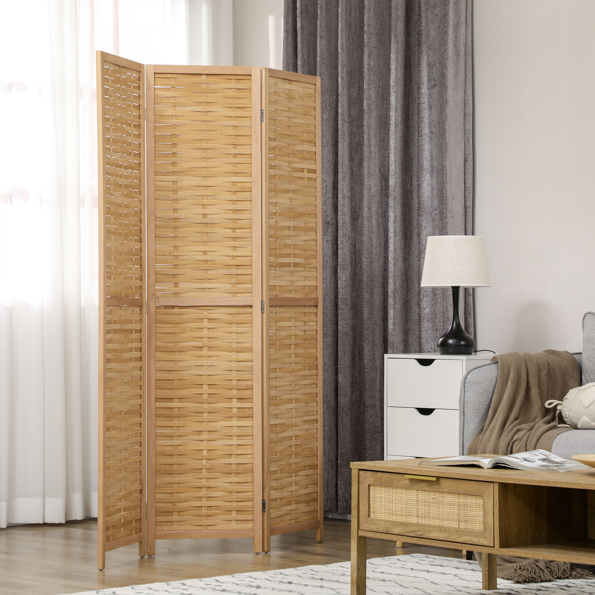 HOMCOM Raumteiler Klappbare Trennwand Sichtschutz, Bambus, 3-teilig, 120 cm x 170 cm x 1,8 cm, Natur – Produktabbildung 2