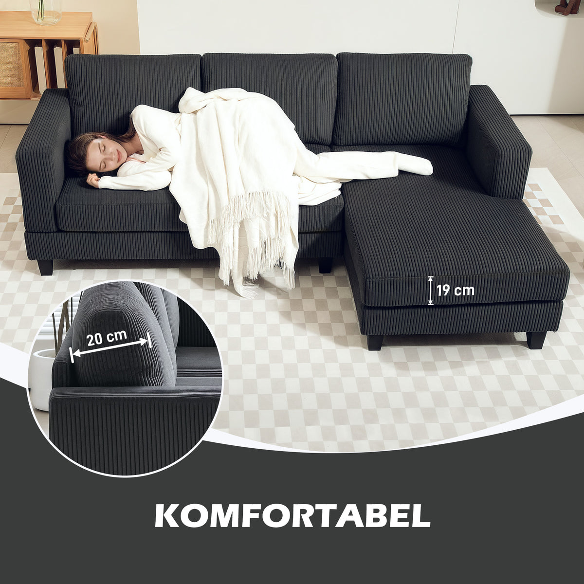 HOMCOM Ecksofa, L-förmiges 3-Sitzer-Sofa mit Chaiselongue, Holzkonstruktion, 8 Beine, Cordstoff – Produktabbildung 7