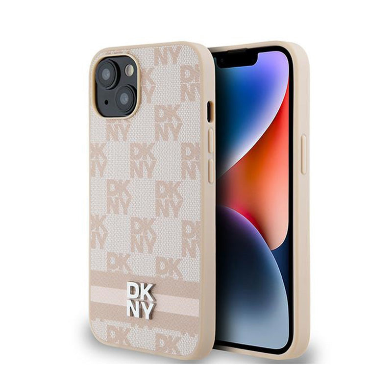 DKNY Leather Checkered Mono Pattern & Printed Stripes - Hülle für iPhone 15 Plus / 14 Plus (rosa)