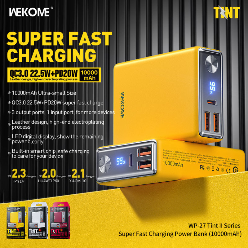 WEKOME WP-27 Tint Series - Power banka 10000 mAh Super Schnell- Laden USB-C PD 20W + 2x USB-A QC3.0 – Produktabbildung 2