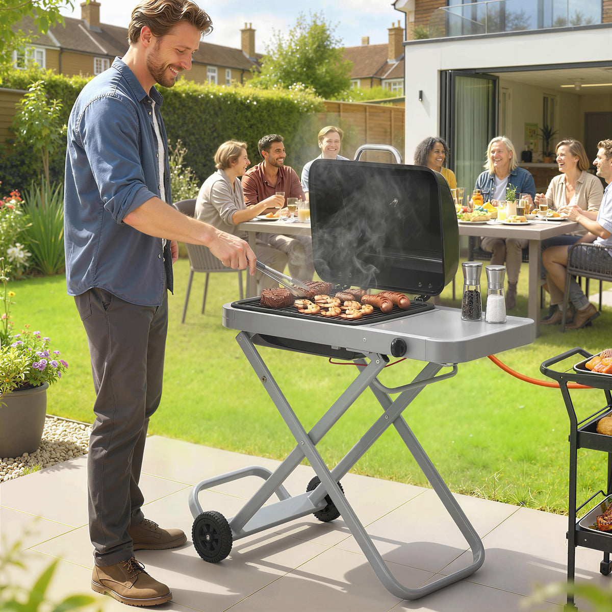 Outsunny Tragbarer Gasgrill 1-Brenner 2,5kW Grillwagen mit Faltbarem Rollwagen Grillrost Seitentisch – Produktabbildung 2