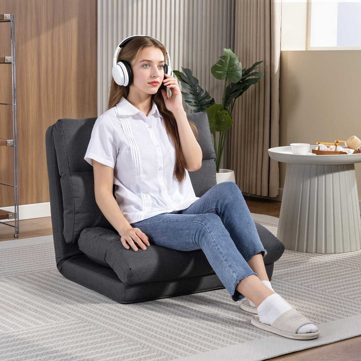 HOMCOM Sitzsack mit Bettfunktion, neigbare Lehne, klappbar, bis 120kg, 70 x 72 x 56 cm, Dunkelgrau – Produktabbildung 2