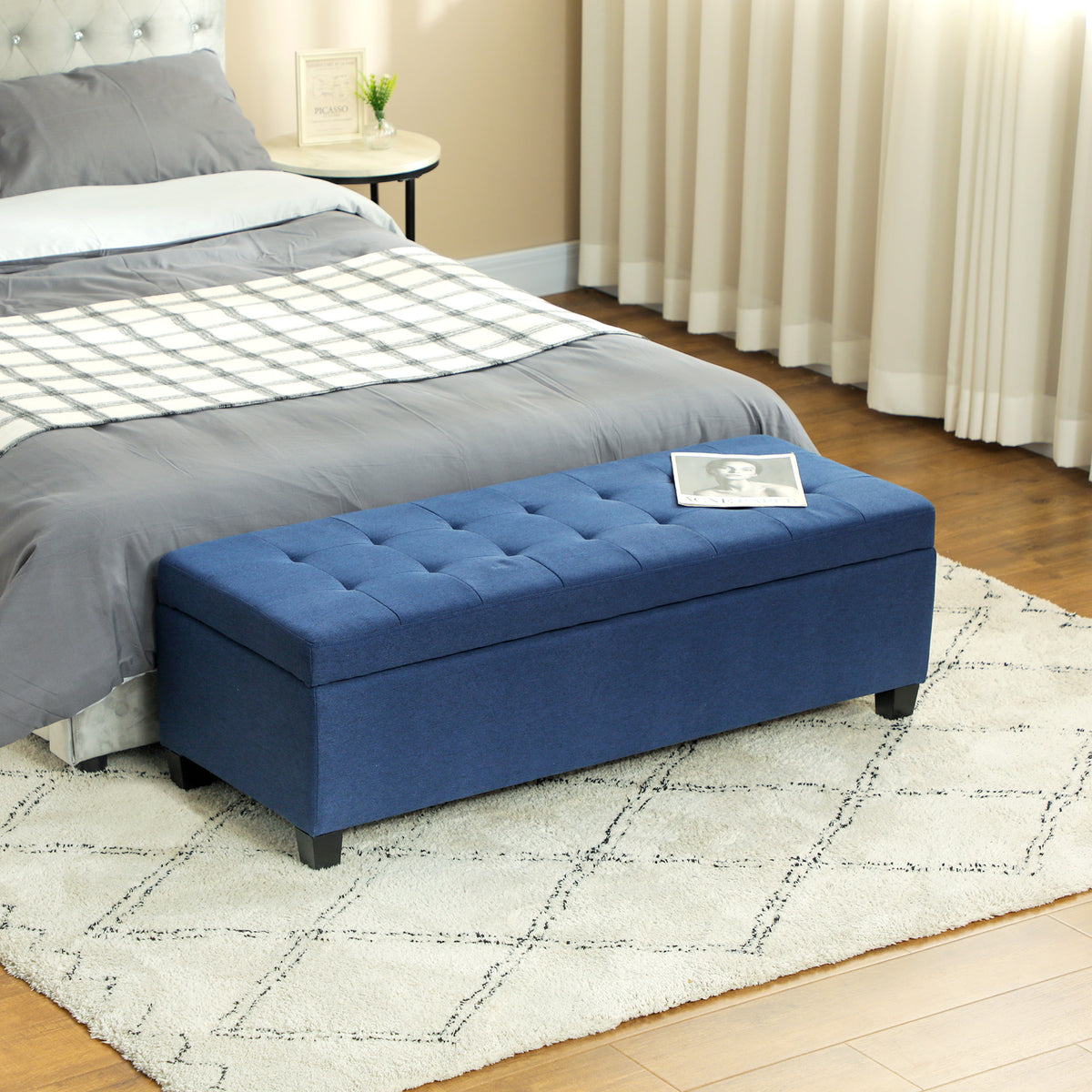 HOMCOM Sitzbank mit Stauraum, Ottomane, Flurbank, Knopfheftung,125,1 cm x 48,9 cm x 41,3 cm, Blau – Produktabbildung 2