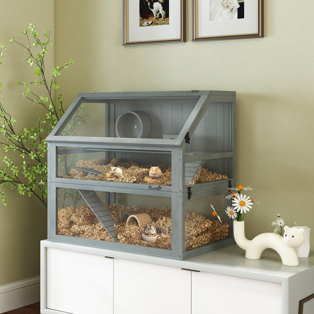 PawHut Hamsterkäfig Holz, 3 Etagen mit Tiefem Untergeschoss, Abnehmbare Ebenen, Für Kleintiere – Produktabbildung 2