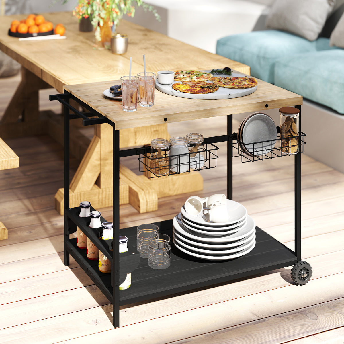 Outsunny Servierwagen, Küchenwagen, 2 Etagen, 4 Flaschenhalter, In/Outdoor, Natur/Schwarz – Produktabbildung 2