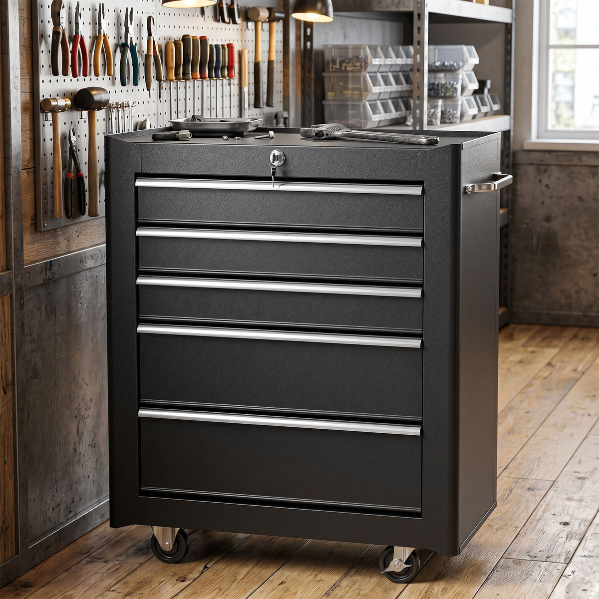 HOMCOM Werkzeugschrank, Werkzeugkiste, 5 Schubladen, rollbar, Stahl, Schwarz – Produktabbildung 2