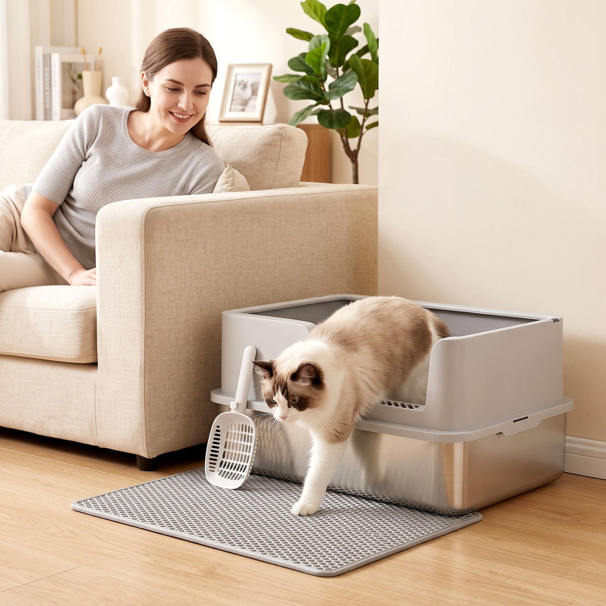 PawHut Katzentoilette XL Edelstahl mit Deckel, hohe Seitenwände, Schaufel Bürste Matte für Kätzchen bis – Produktabbildung 2