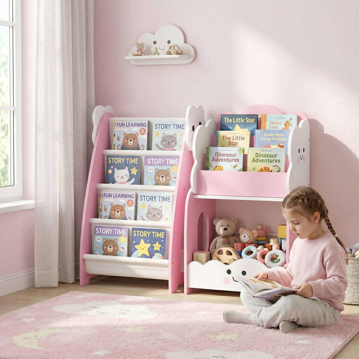 3-in-1 Kinderregal mit Spielzeugaufbewahrung, Modularer Bücherregal mit 4 Taschen & 3 Ebenen sowie – Produktabbildung 2