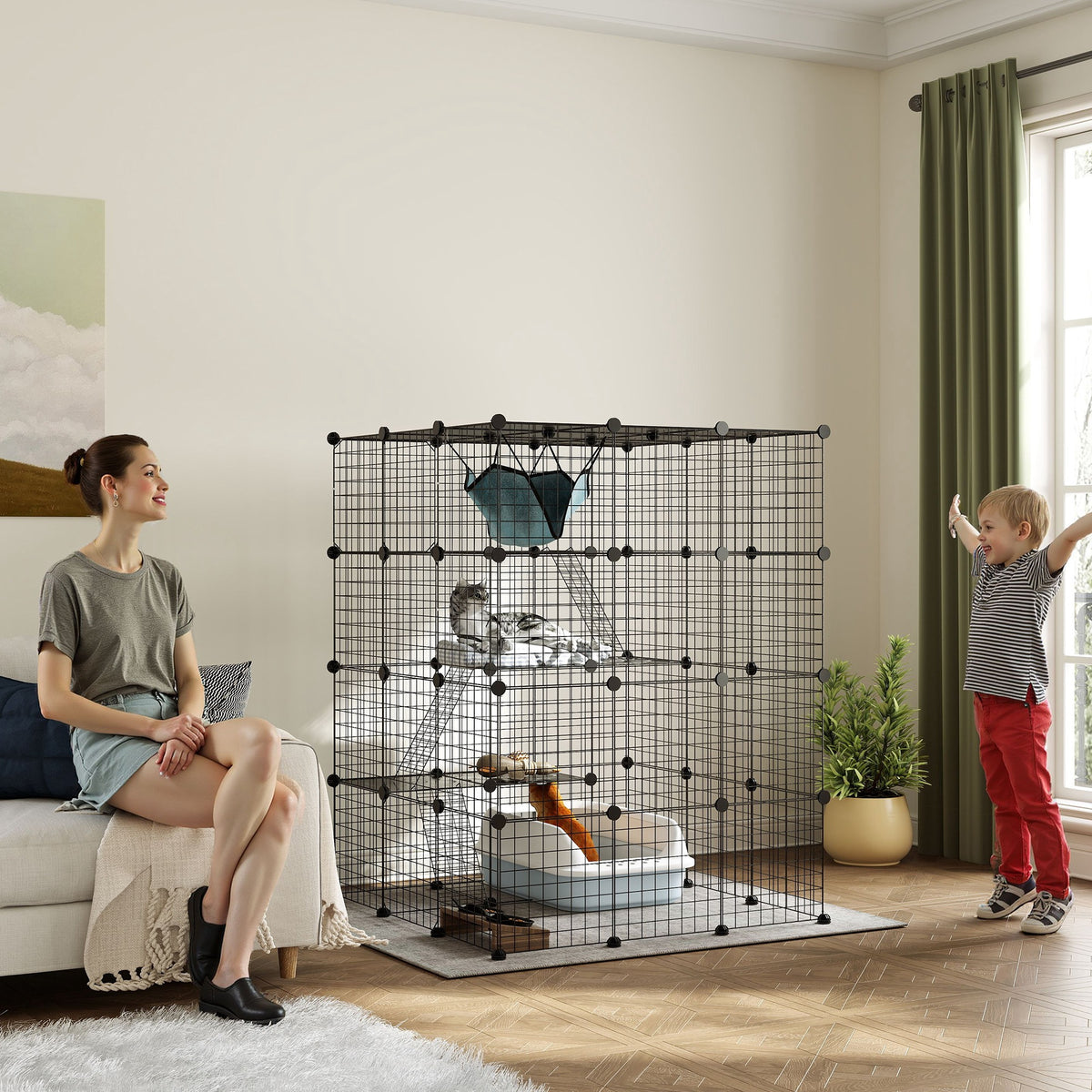 PawHut Katzenkäfig für Drinnen 4-stöckig DIY-Katzengehege mit dichtem Metalldraht Hängematte Rampe Türen – Produktabbildung 2