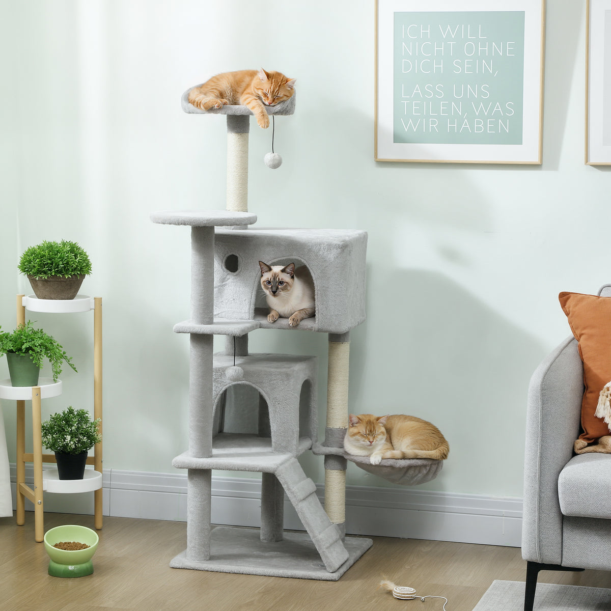 PawHut 140 cm Katzenkratzbaum, mehrere Ebenen, Sisal-Kratzpfosten, Höhlen, Plüsch-Plattformen – Produktabbildung 2