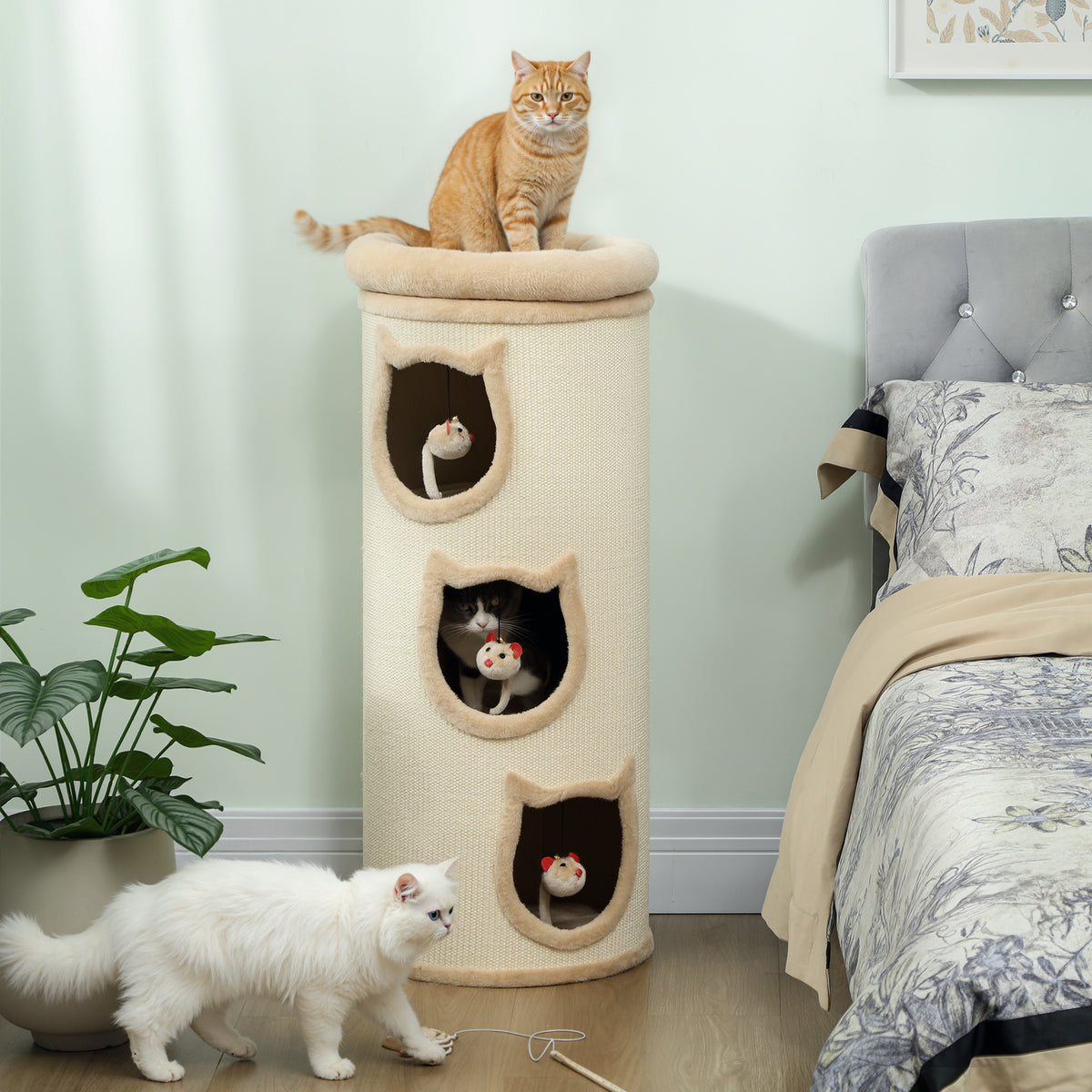 PawHut Katzenkratzfass, 96 cm, 4-Ebenen-Katzenturm mit waschbarem Bett, 3 Schlafhöhlen, Hängespielzeug – Produktabbildung 2
