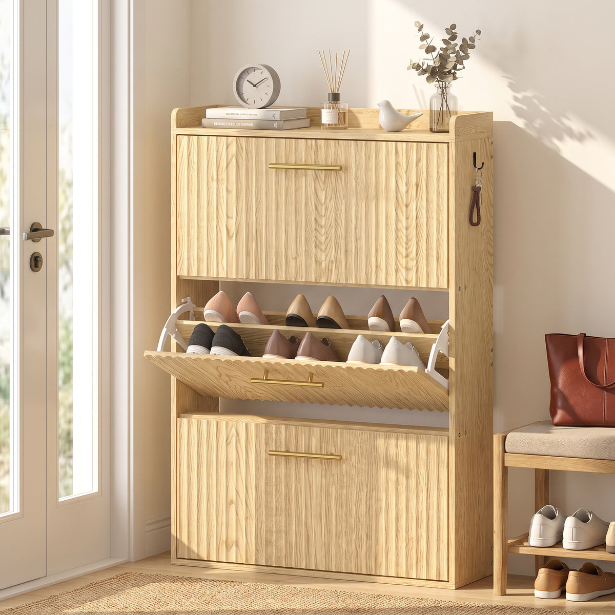 HOMCOM Schmaler Schuhschrank mit Klappdesign und 3 Fächern, hellbraun – Produktabbildung 2