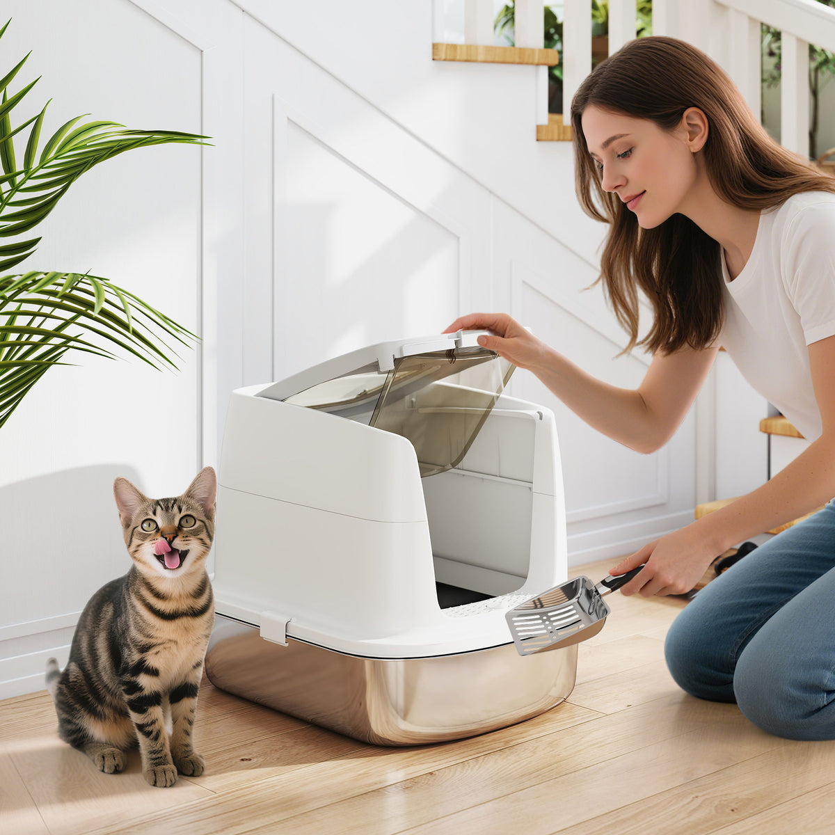 PawHut Katzentoilette Edelstahl, geschlossene Katzentoilette mit Schaufel, Geruchsbeutel, Einstieg – Produktabbildung 2