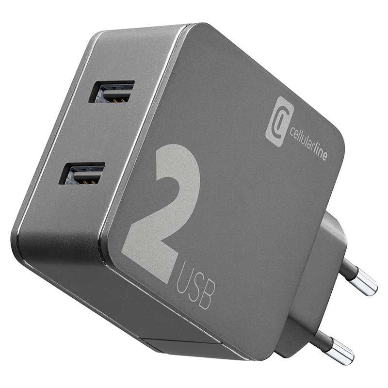 Cellularline Multipower 2 - 2x USB-A 12W + 12W mains charger (black)