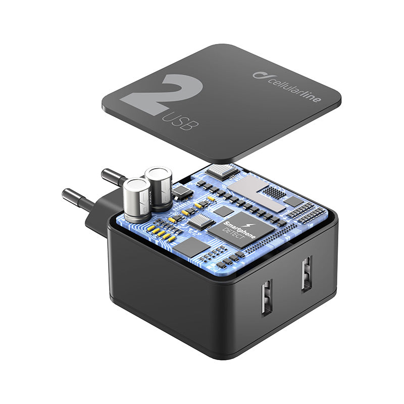Cellularline Multipower 2 - 2x USB-A 12W + 12W mains charger (black) – Produktabbildung 2