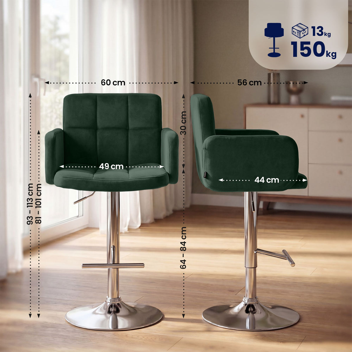 CLP 2er Set Barhocker Los Angeles Samt chrom – Produktabbildung 2