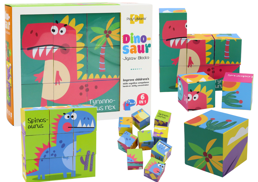 LEAN Toys Lernpuzzle 6in1 Blöcke Puzzlewürfel 6 Bilder Dinosaurier 9 El