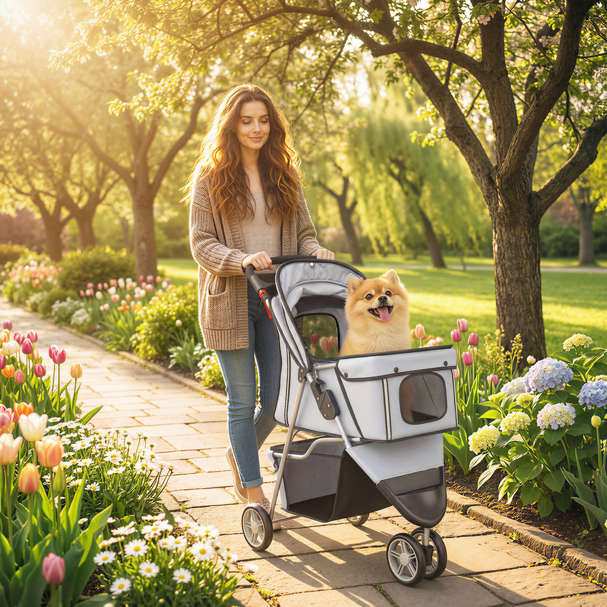 PawHut Hundewagen Faltbar Hundebuggy mit Aufbewahrungskorb Kissen Netzfenster Getränkehalter für kleine – Produktabbildung 2