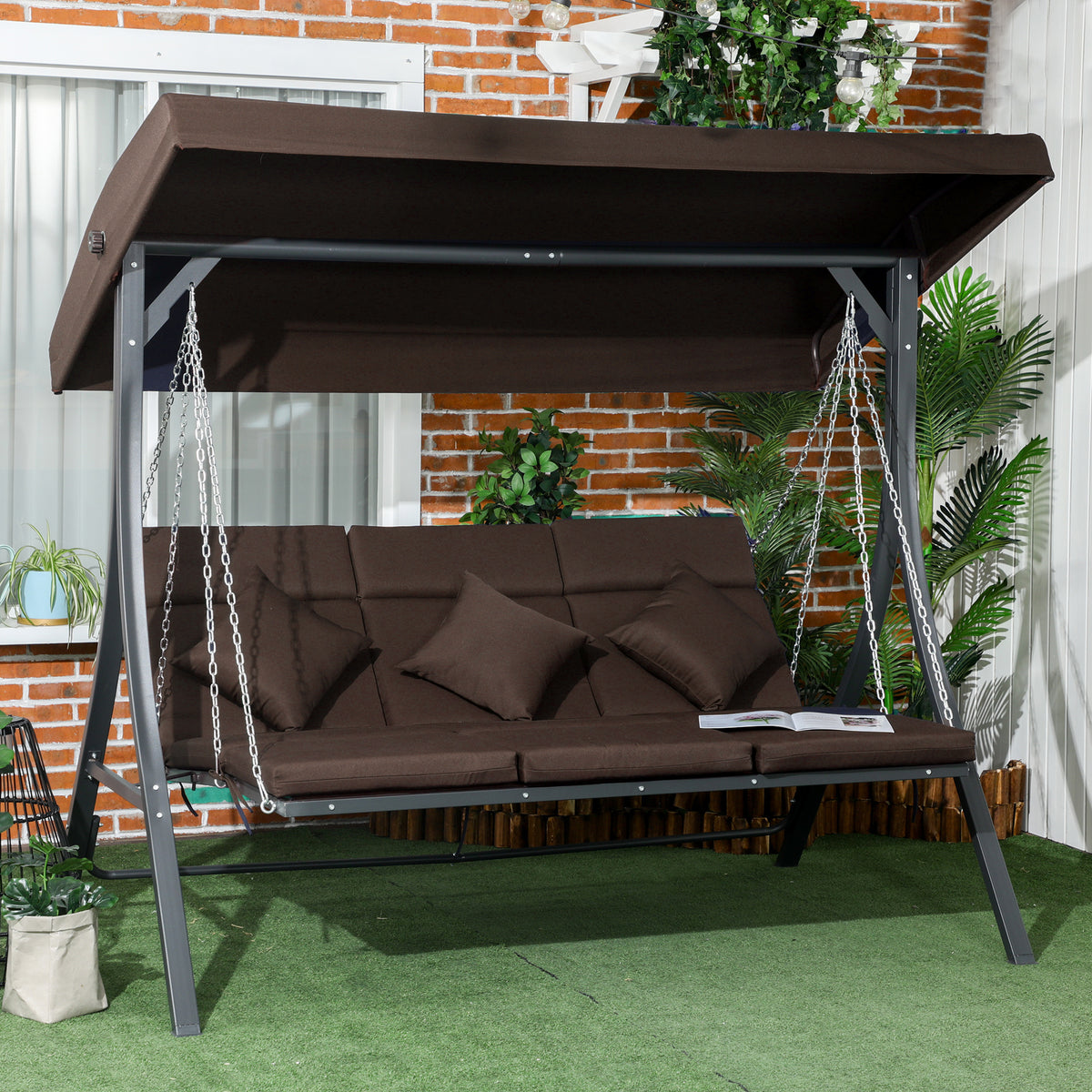 Outsunny 3-Sitzer Hollywoodschaukel, Gartenschaukel, verstellbares Sonnendach, 198 x 118 x 168 cm – Produktabbildung 2