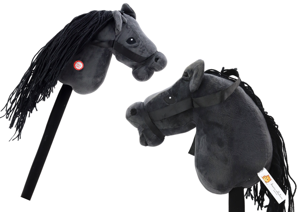 LEAN Toys Plüsch-Pferdekopf auf einem Stock, Hobbypferd, langhaariges Pferd, schwarz Geräusche