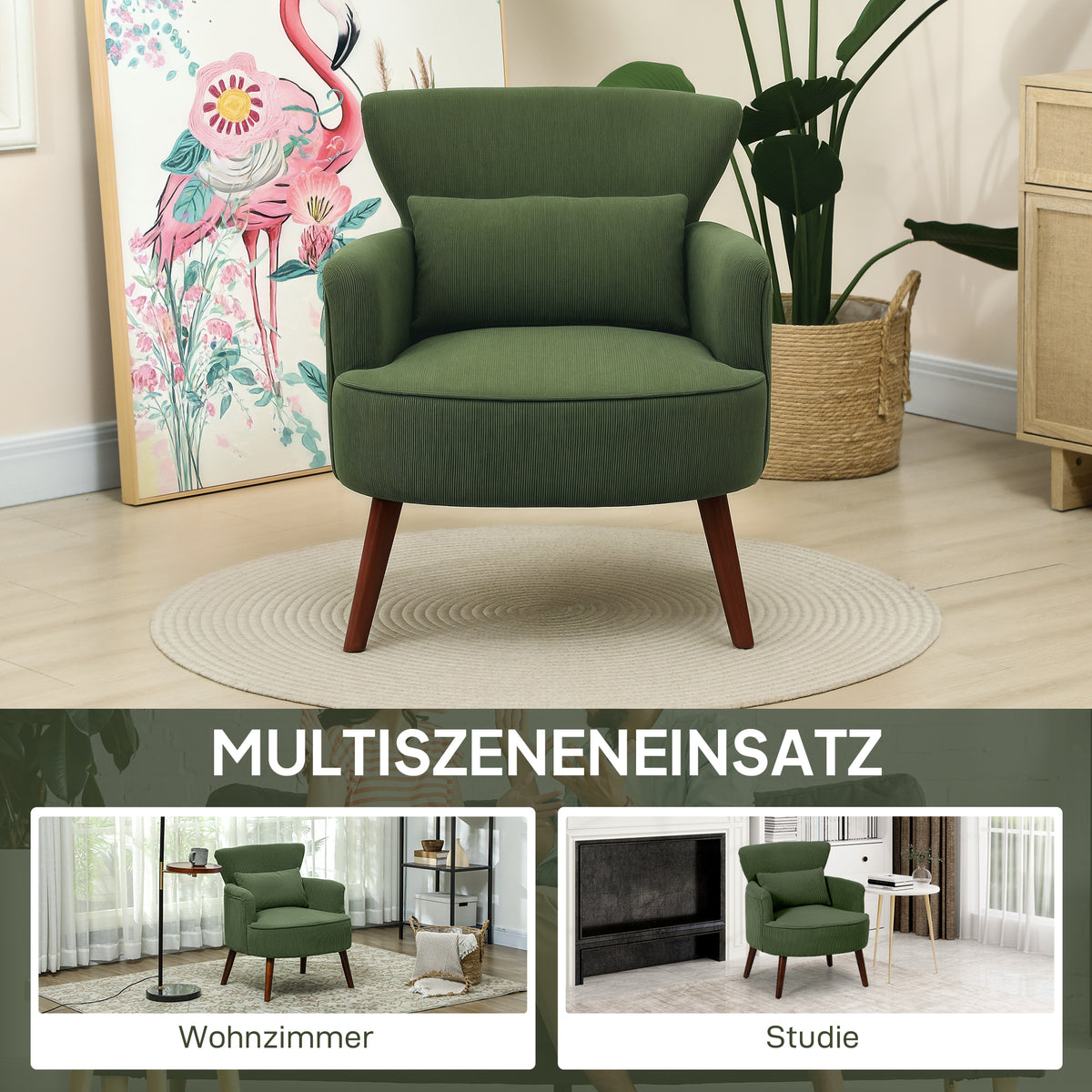HOMCOM Moderner Armlehnstuhl, Gepolsterter Akzentstuhl mit Lendenkissen, Grün – Produktabbildung 8