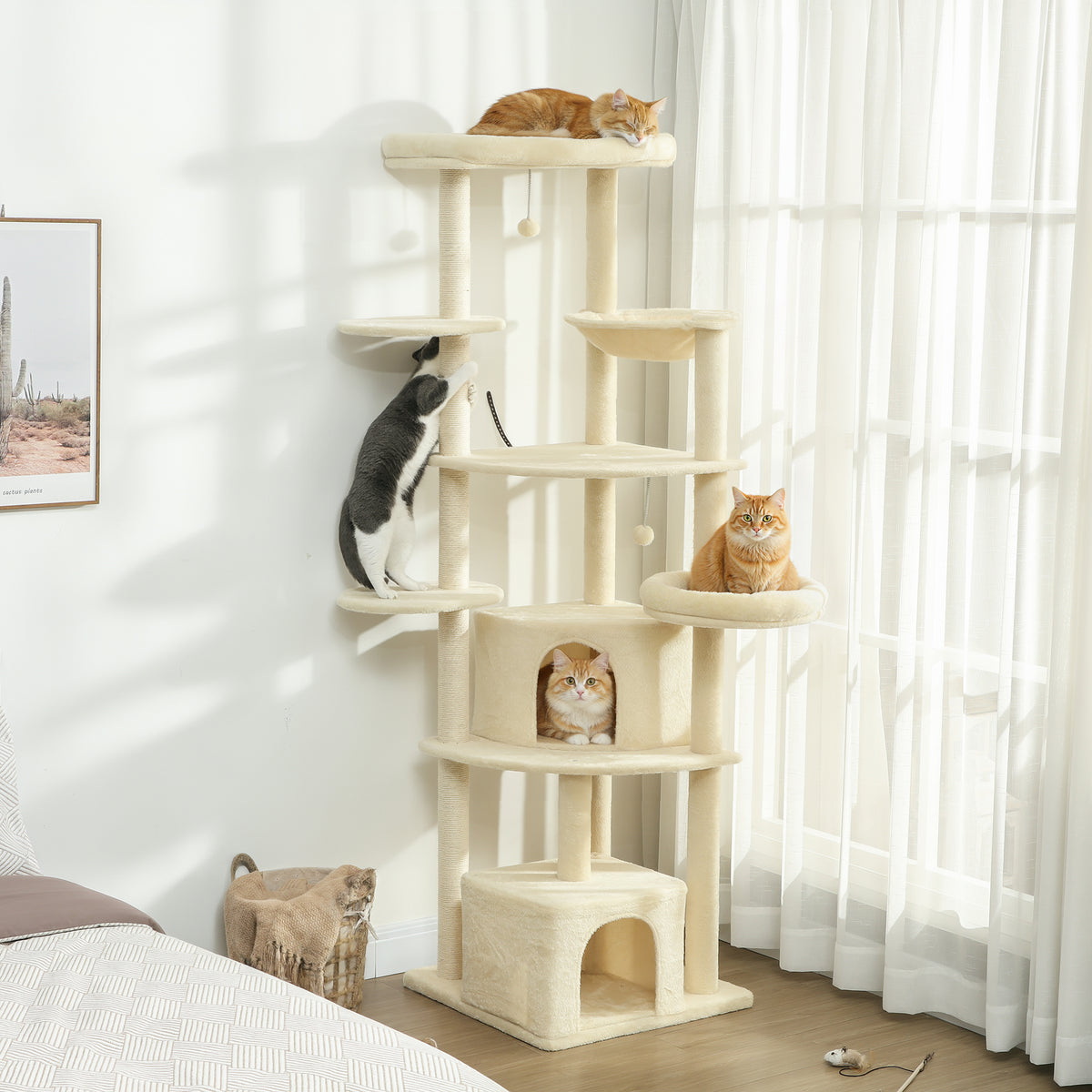 PawHut 2 Meter hoher Kratzbaum Große für 2-3 Katzen, Kratzpfosten, Höhlen, Hängematte, Verstecke – Produktabbildung 2