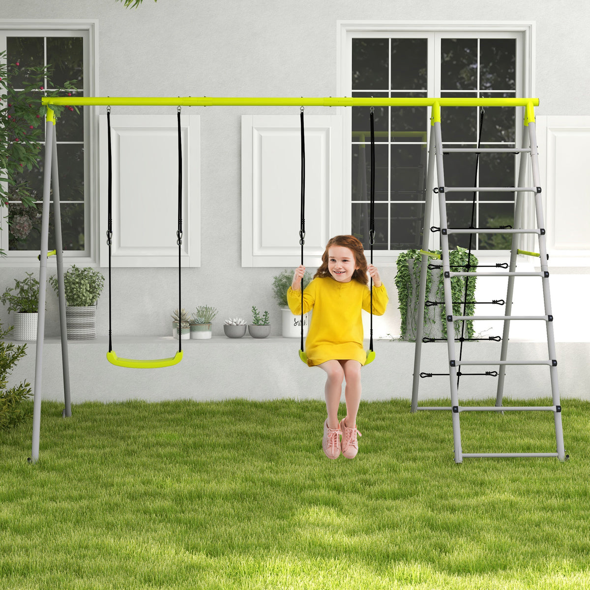 Outsunny Kinderschaukel-Set, mit Kletternetz und Sprossenleiter, für Kinder 3-8 Jahre, Stahlgestell – Produktabbildung 2