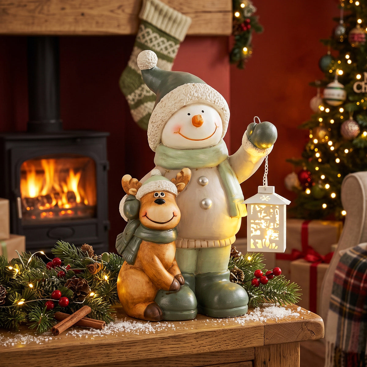 HOMCOM Schneemann-Figur 43 cm aus MGO mit LED-Laterne und Timer, für Eingangsbereich & Türbereich – Produktabbildung 2