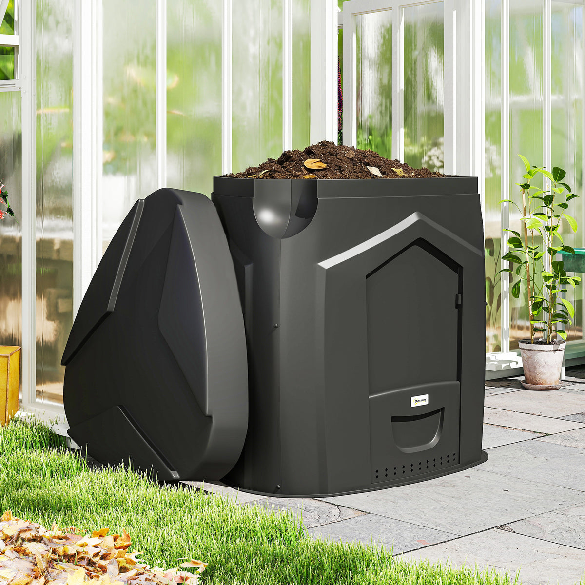 Outsunny 240L Gartenkomposter, Dreieckiger Kompostbehälter mit 3 Türen, Schwarz – Produktabbildung 2