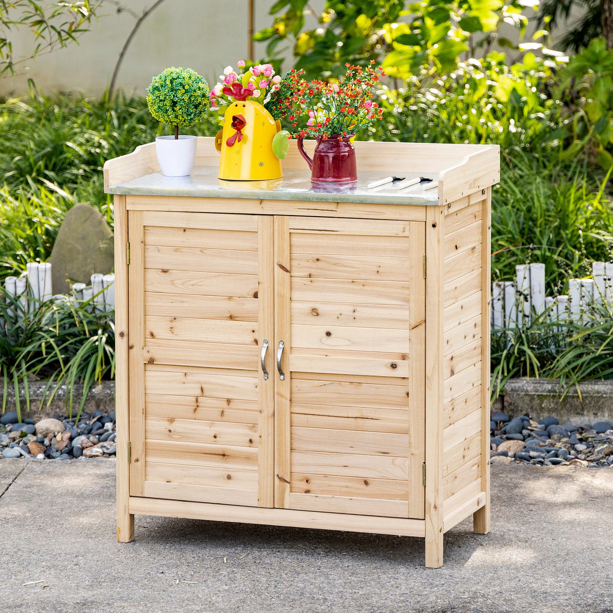 Gartenschrank mit 2 Fächern, Metall-Arbeitsplatte mit Aufkantung, Naturholz, 83 x 40 x 92 cm – Produktabbildung 2