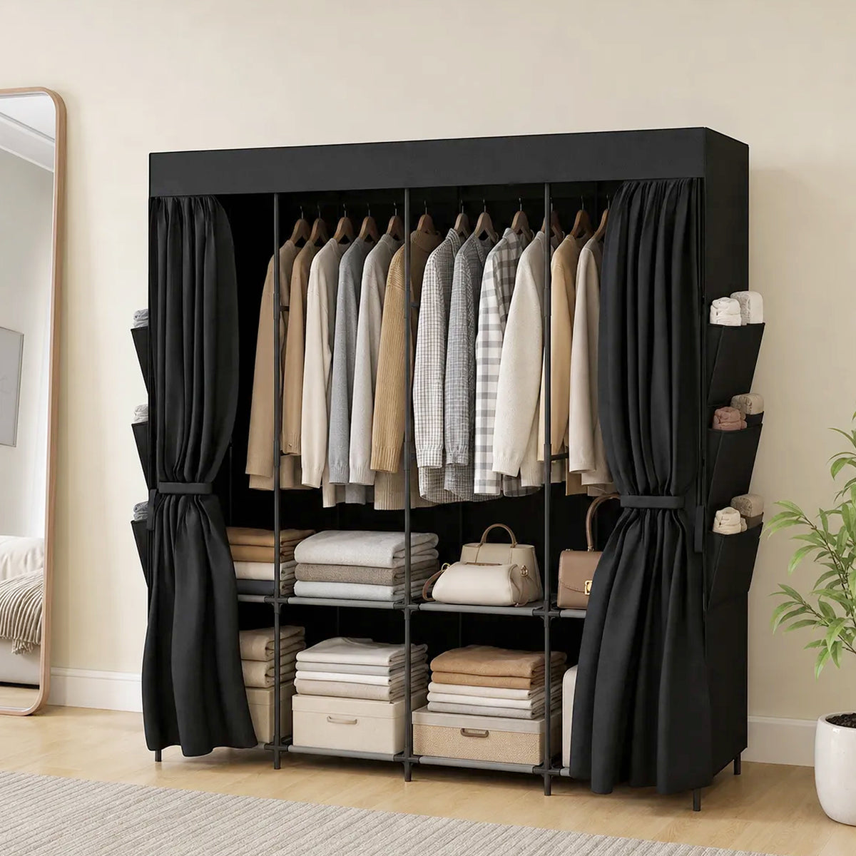 HOMCOM Stoff-Kleiderschrank, staubdicht, tragbar, 5 Kleiderstangen, 170 x 45 x 167 cm, Schwarz – Produktabbildung 2