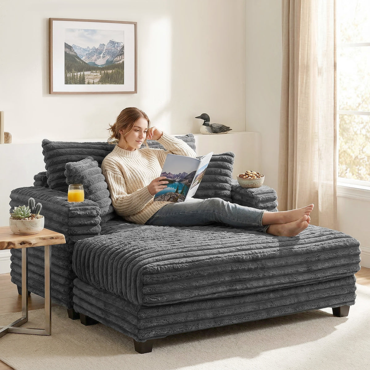 HOMCOM Chaiselongue 2 Sitzer Groß Schlafsofa 134 x 151 cm mit Becherhalter für Wohnzimmer, Grau – Produktabbildung 2