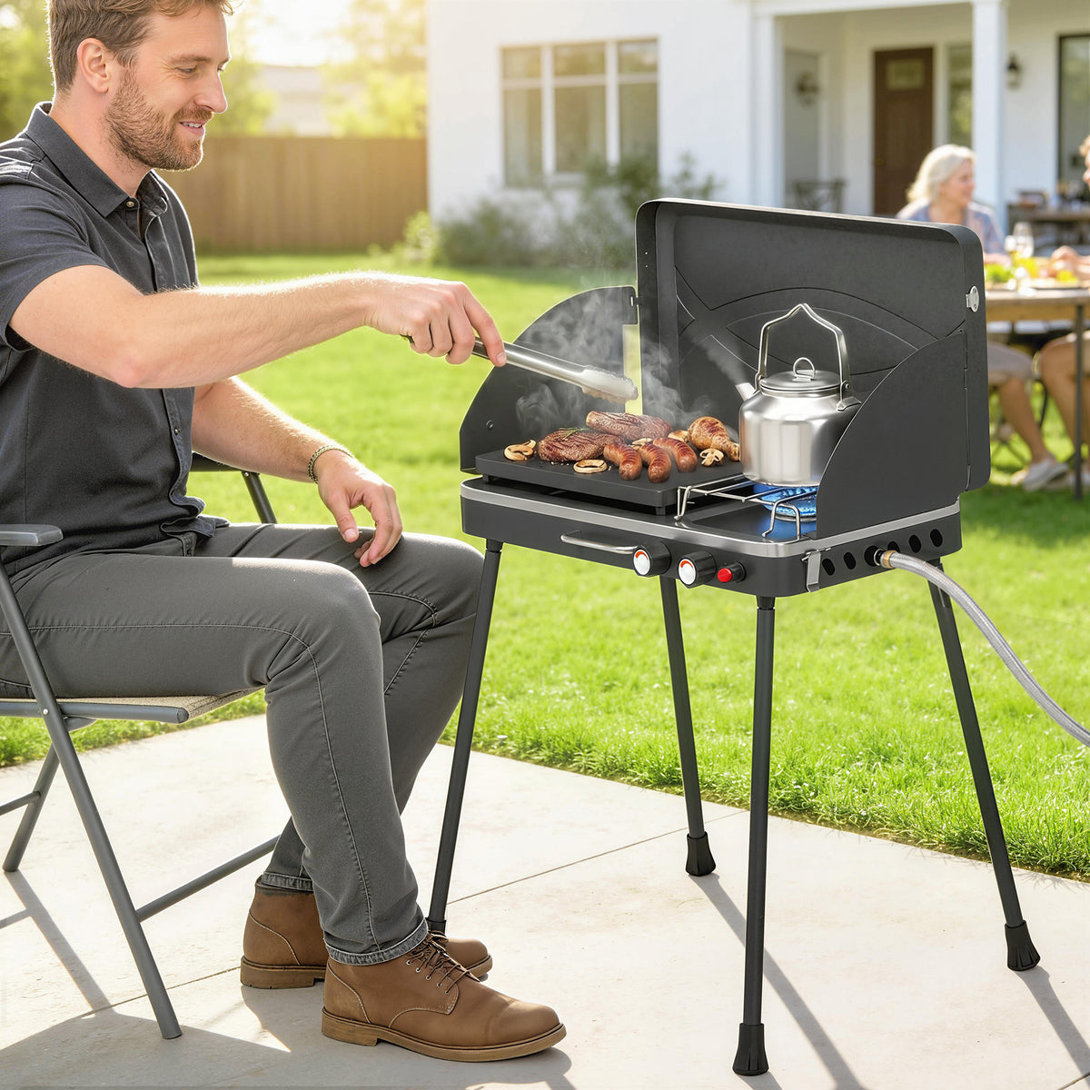 Outsunny Tragbarer Gasgrill 2 Brenner 7 kW 2-in-1 Tischgrill mit Braten klappbar Beinen Grillrost – Produktabbildung 2