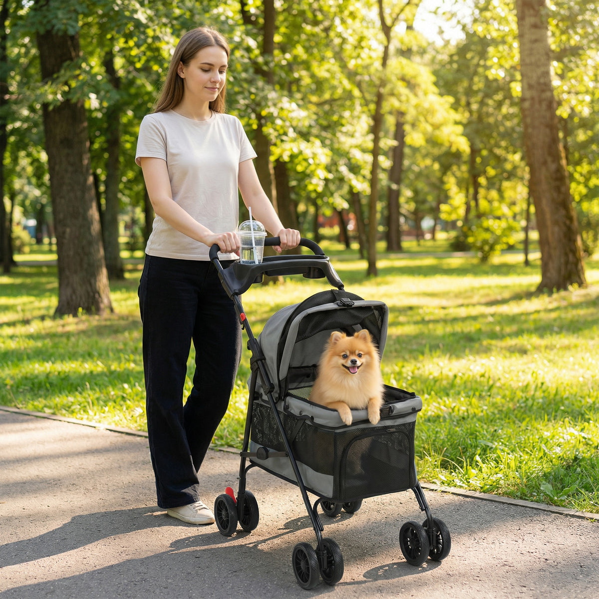 PawHut Hundewagen Faltbar Hundebuggy mit Kissen Netzfenstern Getränkehalter 360° drehbare Räder für – Produktabbildung 2