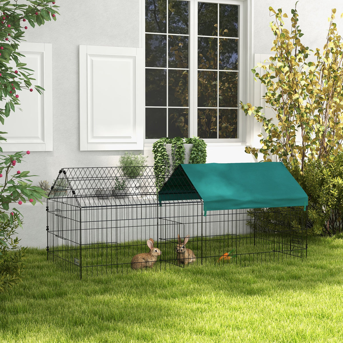PawHut Kleintiergehege mit Dach, 4 Türen, wetterfest, Stahl/Polyester, 185x75x75cm, Schwarz/Grün – Produktabbildung 2