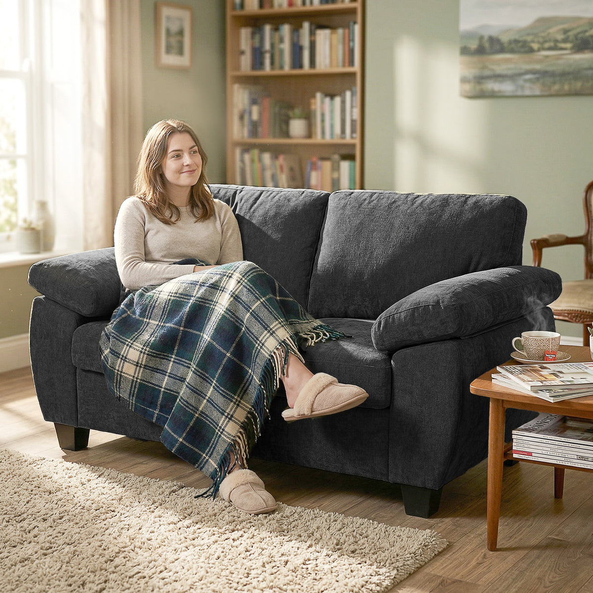 HOMCOM 2-Sitzer-Sofa, 156 cm Chenille-Sofa mit dicken Federkernpolstern, breiten gepolsterten Armlehnen – Produktabbildung 2