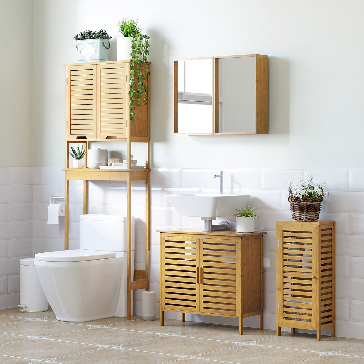 KleanKin Badezimmerschrank mit Lamellentür, versetzbarem Einlegeboden, Naturbambus, 30x19,9x70 cm – Produktabbildung 2