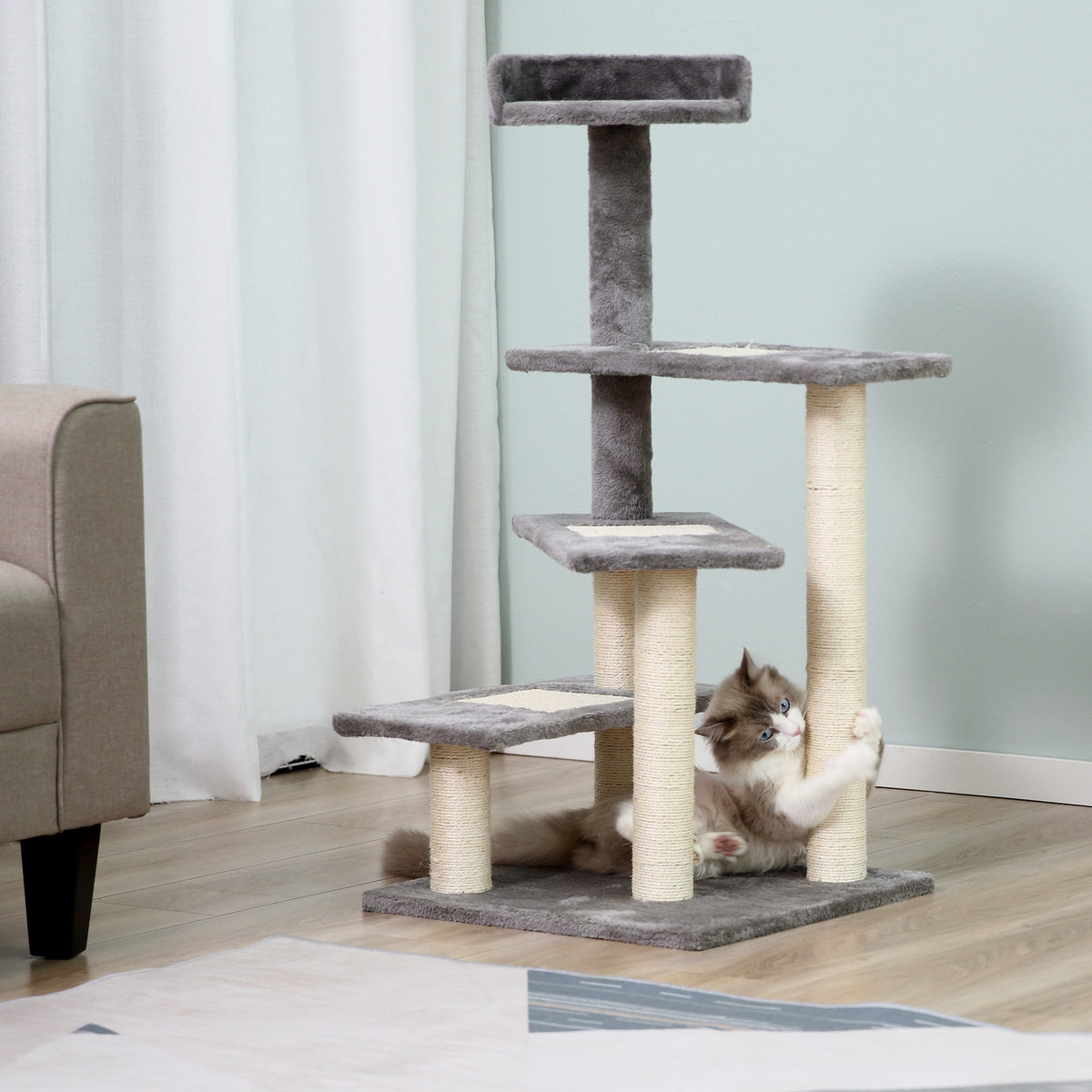 PawHut Kletterbaum Katzenbaum Spielbaum Katzenkratzbaum Treppe 5 Schichte Beige Grau 48,5 x 48,5 x 100 – Produktabbildung 2