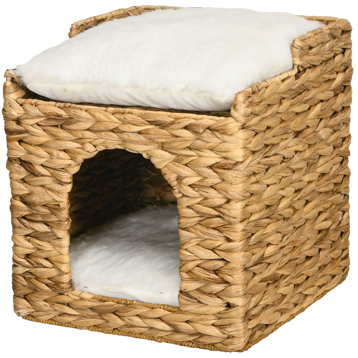 PawHut Katzenhöhle aus Wasserhyazinthen-Gras, 2 Liegefläche, 2 waschbare Kissen, Natur + Weiß – Produktabbildung 10