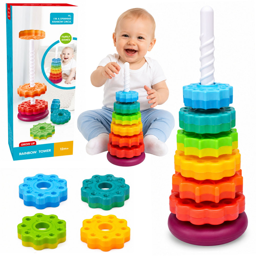 LEAN Toys Rotierende Pyramide, Turmsortierer, Regenbogen-Puzzle, 36 cm, 6 El