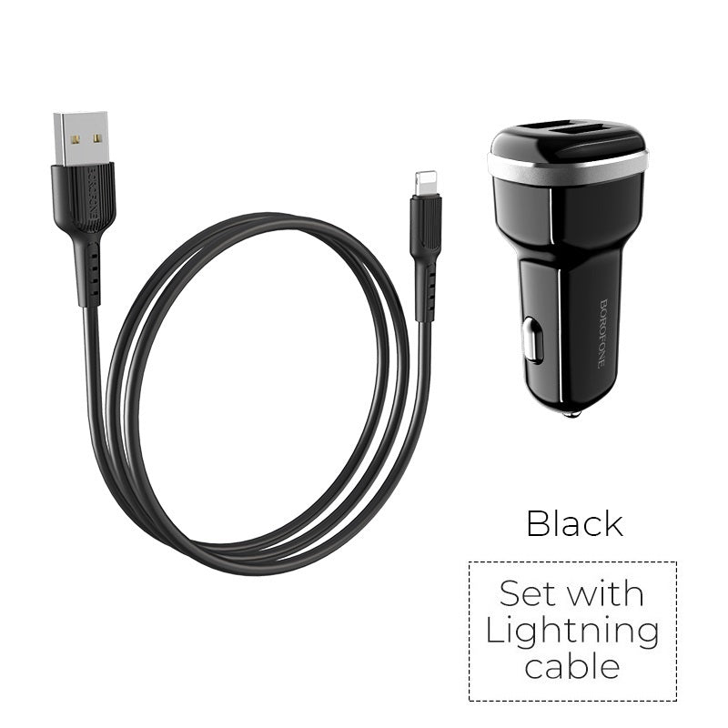 Borofone - Autoladegerät 2x USB Lightning Kabel in Packung, schwarz
