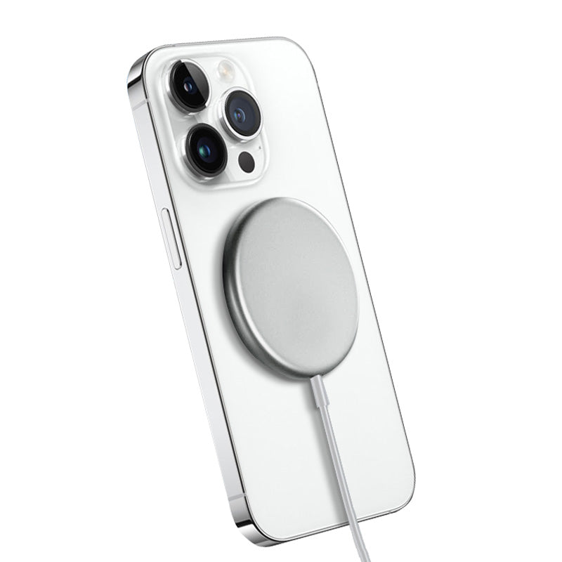 Kabelloses Ladegerät Crong MagSpot – Aluminium- Induktions- Ladegerät MagSafe 15W (stříbrnobílá)