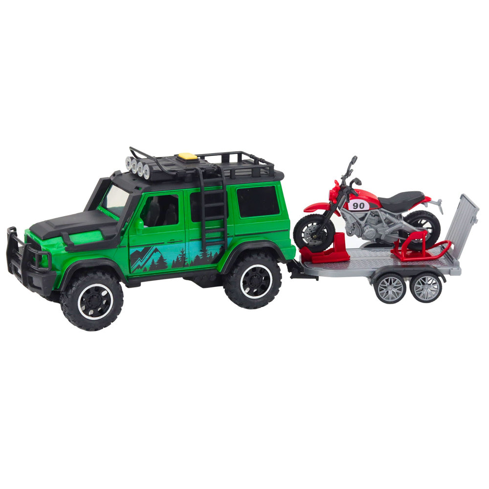 LEAN Toys Geländewagen-Set mit Abschleppwagen und Motorrad, Lichter und Geräusche, Grün – Produktabbildung 2