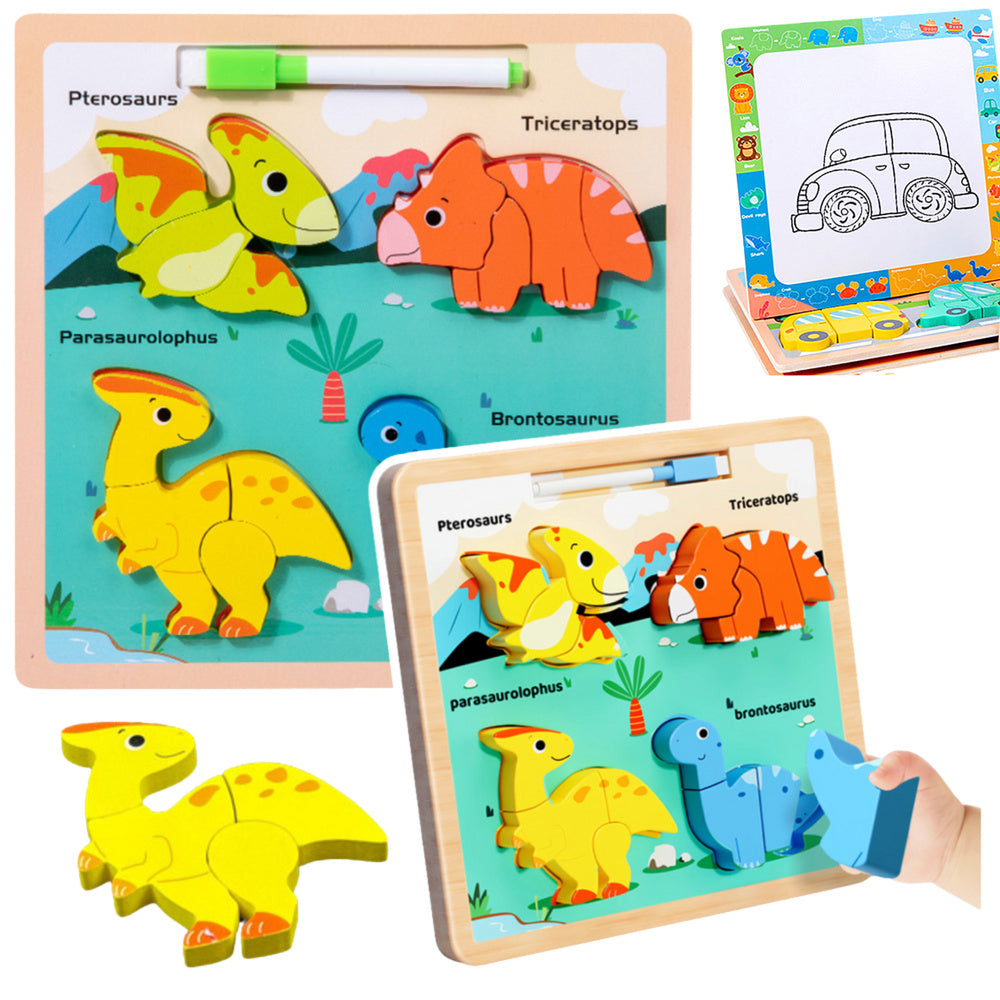 LEAN TOYS Puzzle Board 2in1 Holz Pädagogische Dinosaurier Marker