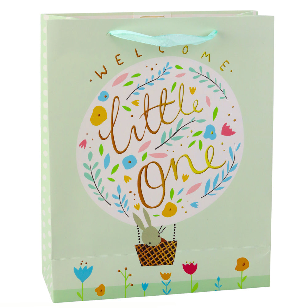 LEAN Geschenktüte zur Geburt Hase Blumen Grün 32 x 26 x 12 cm