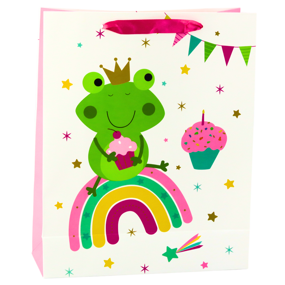 LEAN Frosch Geschenktüte mit Krone Regenbogen Weiß Rosa 32x26x10cm