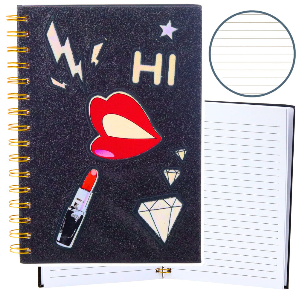LEAN Notizbuch liniert Notizheft Patches Lippen Lippenstift Glitzer Schwarz A5 80 Blatt